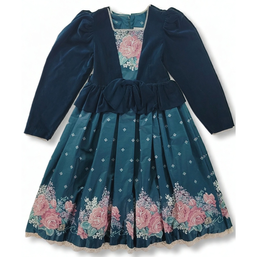 Daisy Kingdom 90s Floral Velvet Dress Size 12 Puff Sleeve Cottagecore Midi Frock